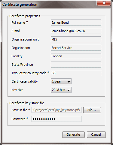 Generate Certificate Dialog Generate Certificate Dialog
