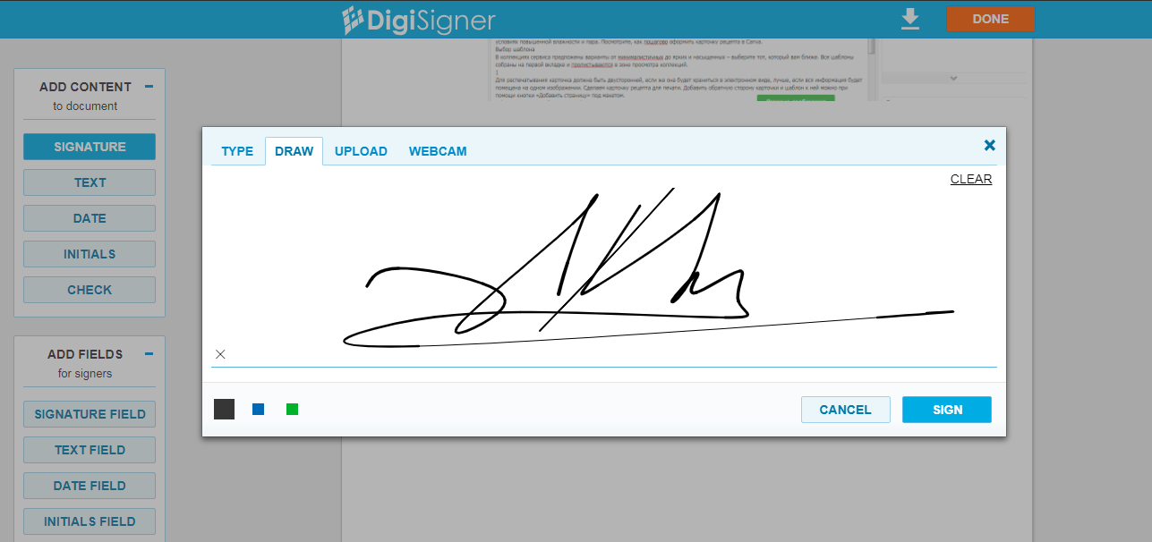 A guide image about creating esignature in DigiSigner service